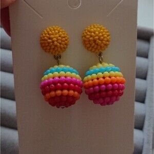 Seed Beaded Ball Drop Earrings - yellow/yellow/red yellow/yellow/pink color comb